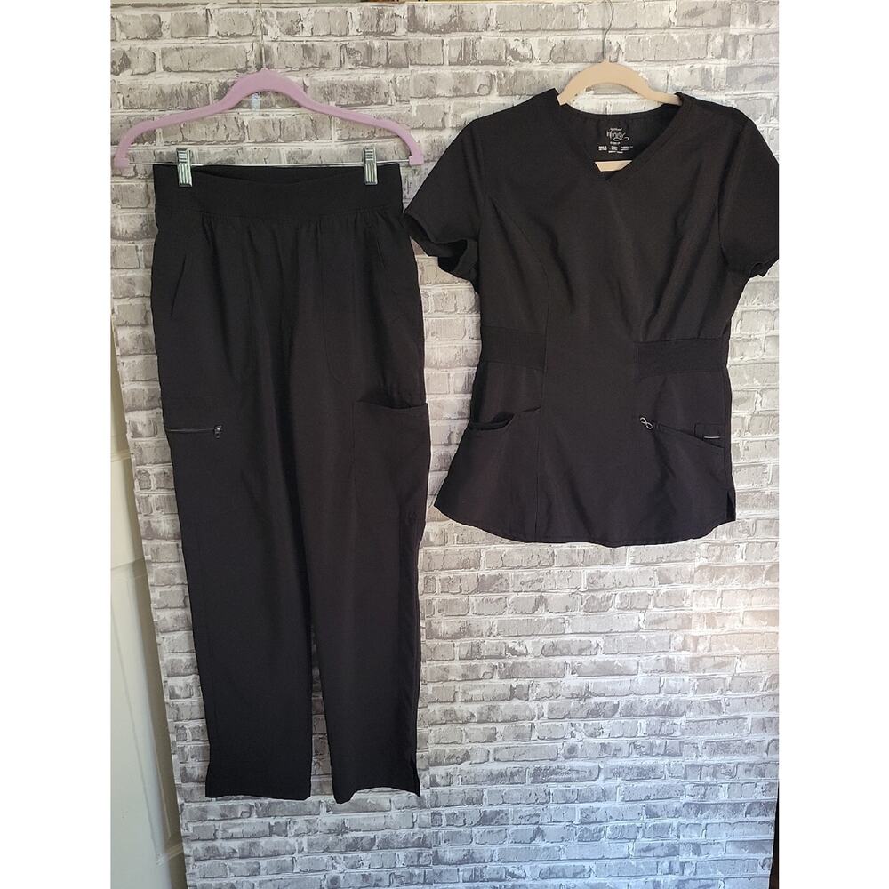 Cherokee Infinity Black Straight Leg Pants & V-Neck Top Scrub Set, Work Wear  S